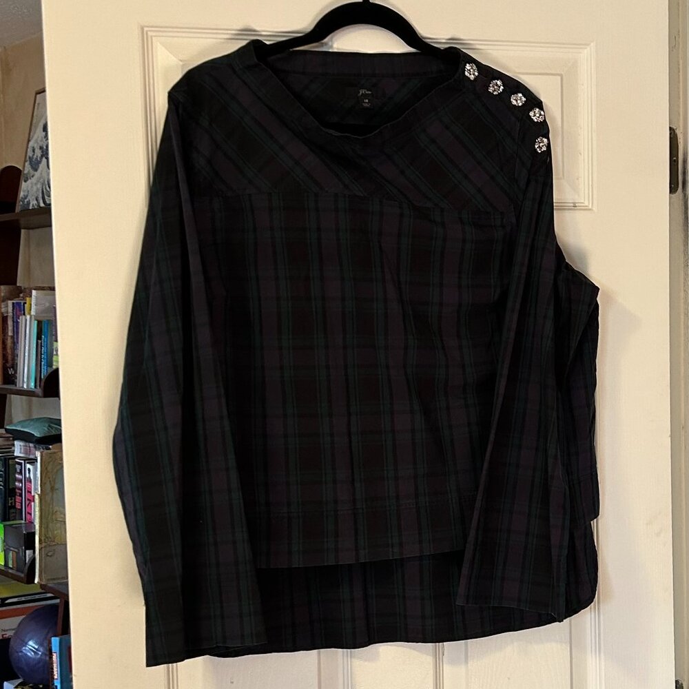 J Crew Funnel Neck Blouse with Festive Buttons in Blackwatch Plaid, Size 18